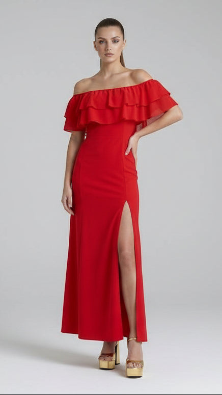 Vestido largo hombros descubiertos con volante