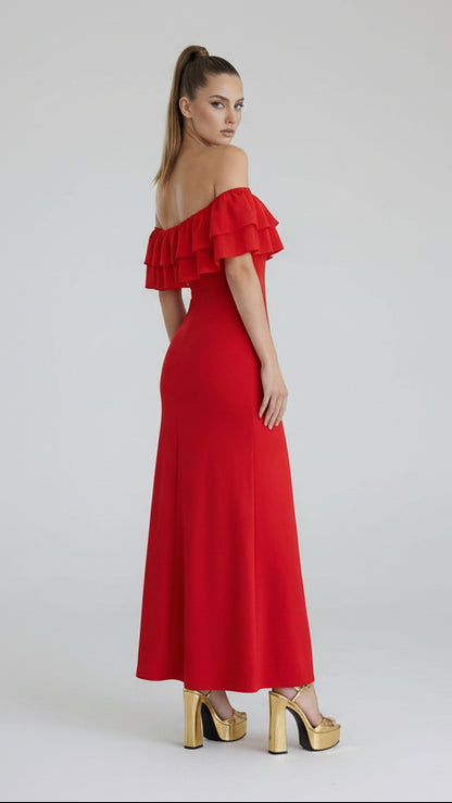 Vestido largo hombros descubiertos con volante