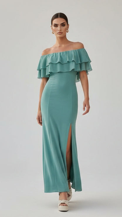 Vestido largo hombros descubiertos con volante