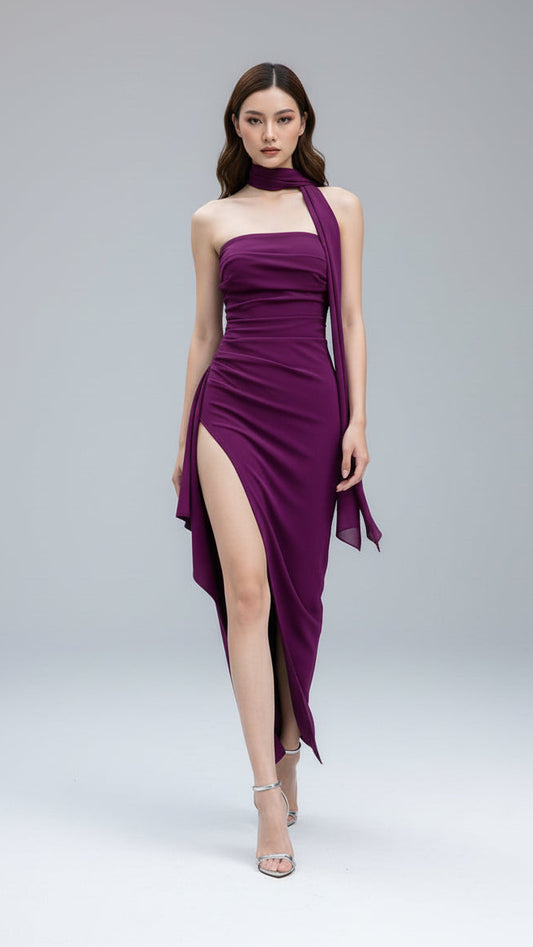 Vestido largo palabra de honor + pañuelo