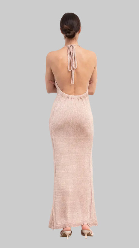 Vestido Largo Brillo Halter con Escote Drapeado