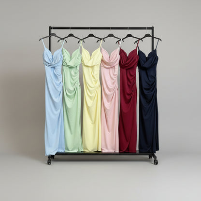 Vestido Largo Satinado con Escote Drapeado