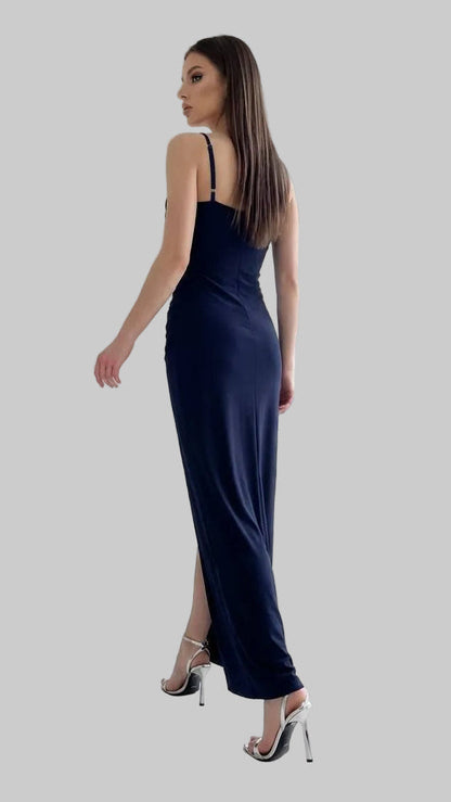 Vestido Largo Satinado con Escote Drapeado