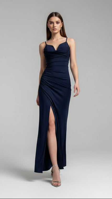 Vestido Largo Satinado con Escote Drapeado