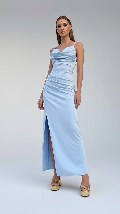 Vestido Largo Satinado con Escote Drapeado