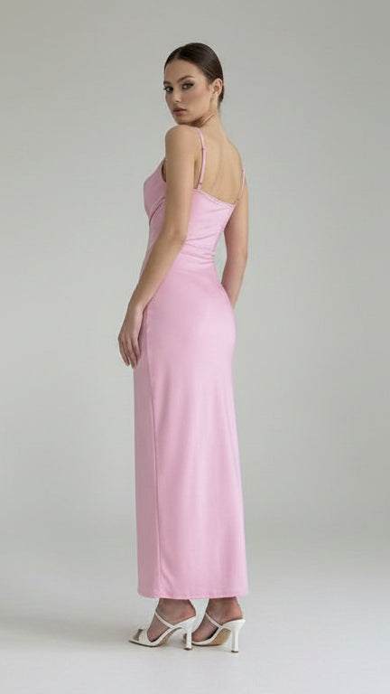 Vestido Largo Satinado con Escote Drapeado