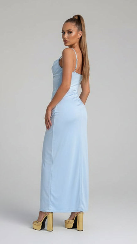 Vestido Largo Satinado con Escote Drapeado