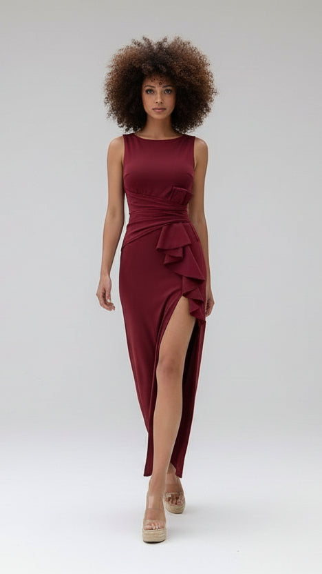 Vestido largo drapeado con volante